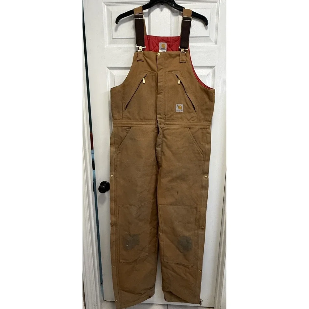 Carhartt Bib Overalls Lined Men's 38x34 Double Knee Canvas Duck R38 BRN